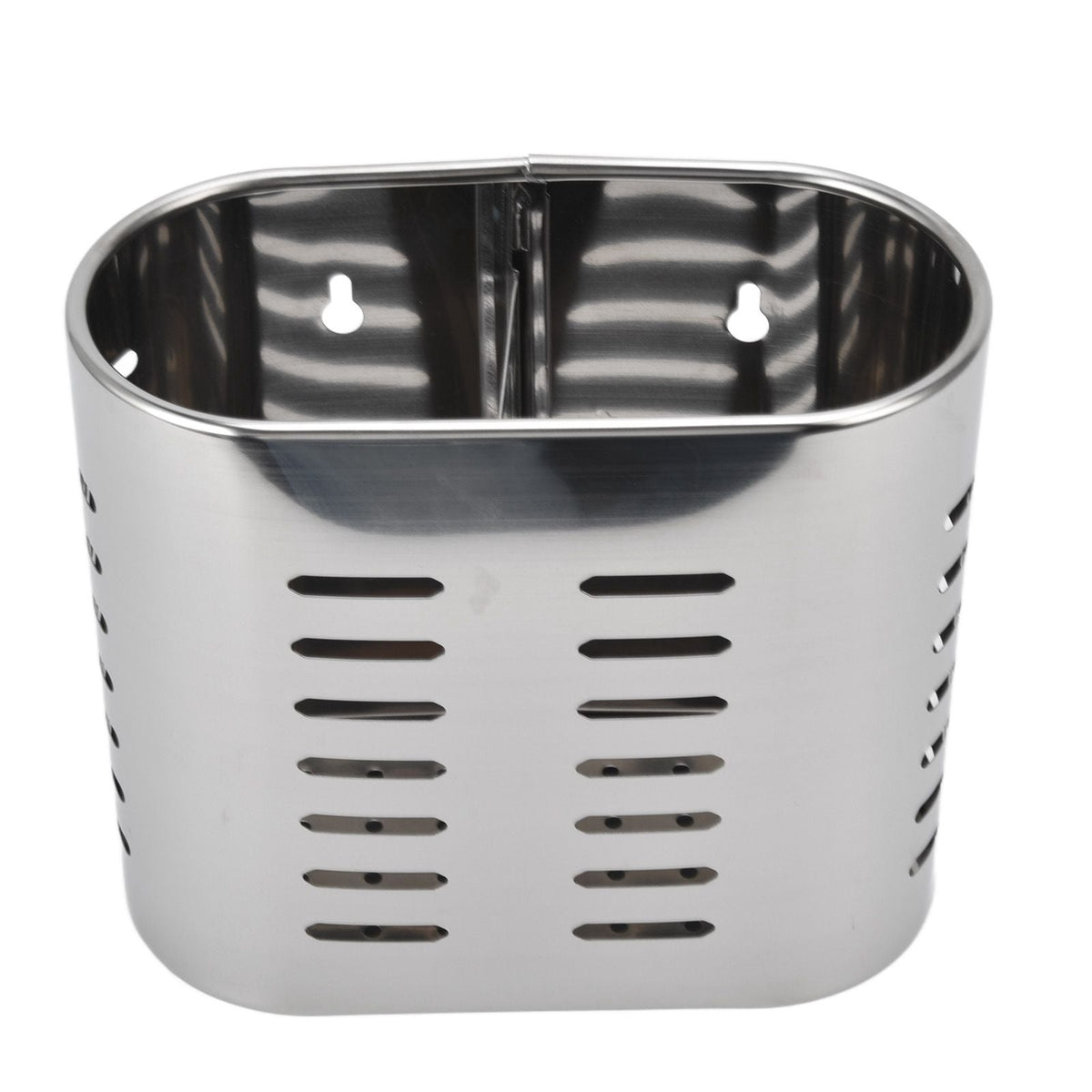 Chopsticks Hanging Organizer in silver stainless steel, with an oval open top, divided interior and slotted drainage holes