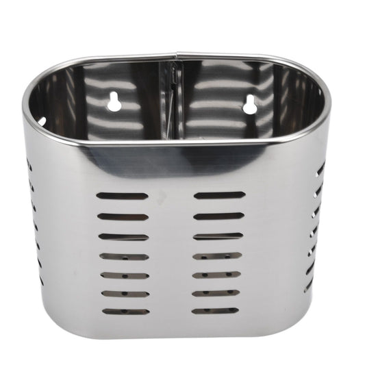 Chopsticks Hanging Organizer in silver stainless steel, with an oval open top, divided interior and slotted drainage holes