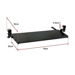 Clamp-On Sliding Keyboard Tray in black with extra-large 75x25cm MDF surface, padded steel clamps, and 31cm sliding extension