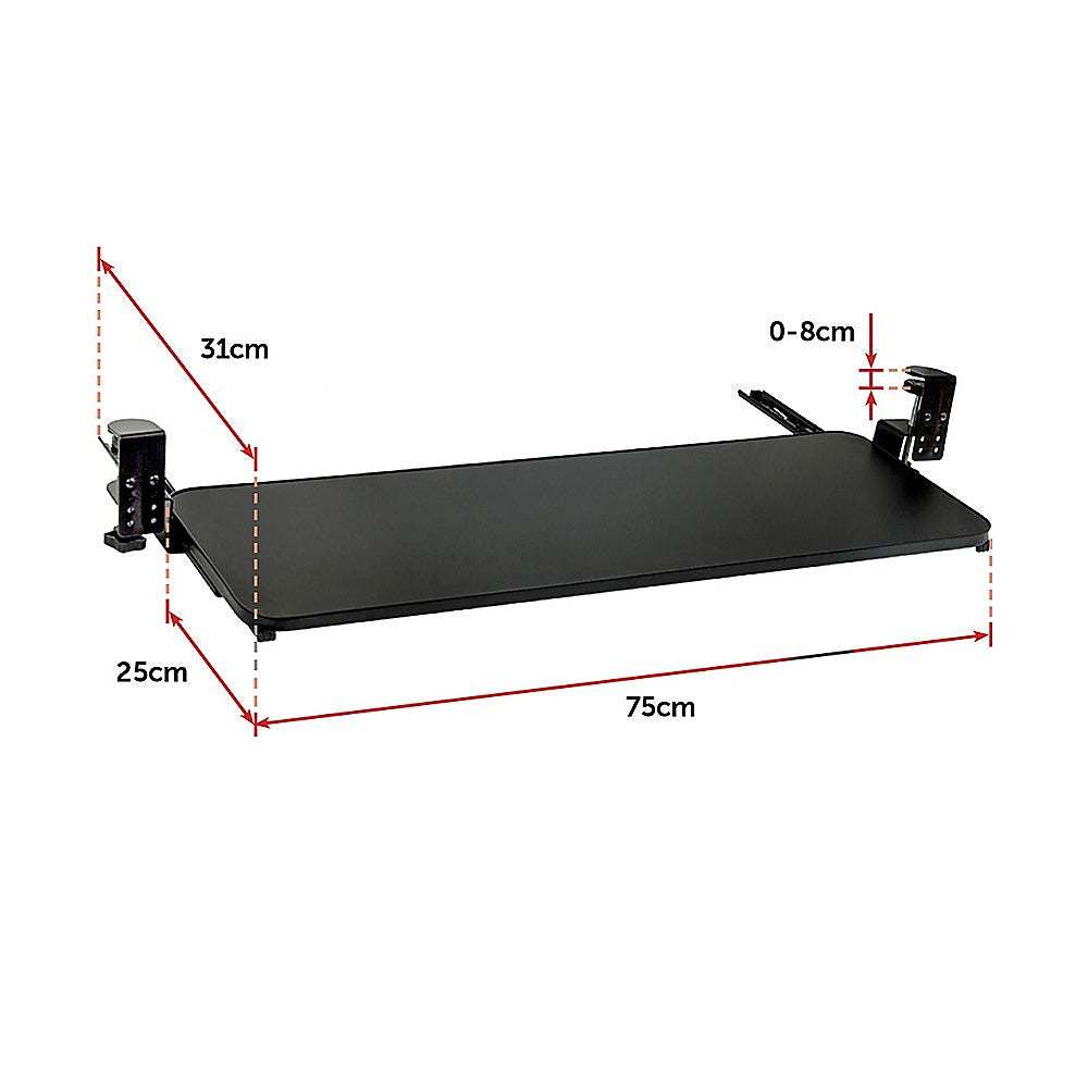 Clamp-On Sliding Keyboard Tray in black with extra-large 75x25cm MDF surface, padded steel clamps, and 31cm sliding extension