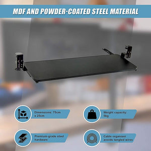Clamp-On Sliding Keyboard Tray with extra-large black MDF surface, powder-coated steel hardware, and heavy-duty padded clamps.