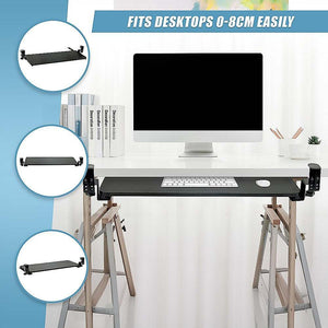 Clamp-On Sliding Keyboard Tray in black with extra-large smooth sliding surface, padded clamps, and cable management system.
