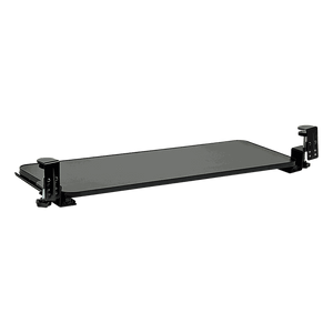 Clamp-On Sliding Keyboard Tray with extra-large black MDF surface, powder-coated steel clamps, and ball-bearing sliders for smooth extension.
