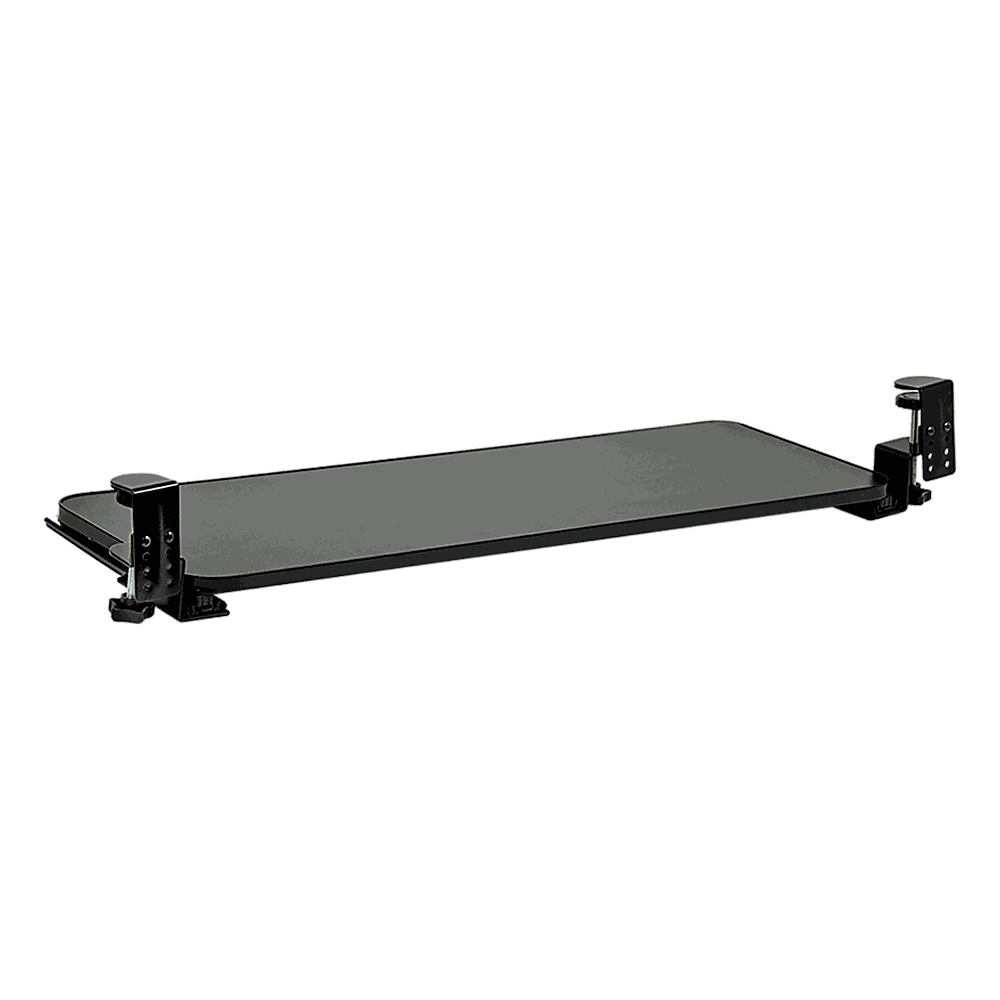 Clamp-On Sliding Keyboard Tray with extra-large black MDF surface, powder-coated steel clamps, and ball-bearing sliders for smooth extension.