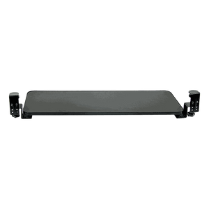 Clamp-On Sliding Keyboard Tray with extra-large black rectangular surface, padded steel clamps, and ball-bearing extension sliders for smooth movement.