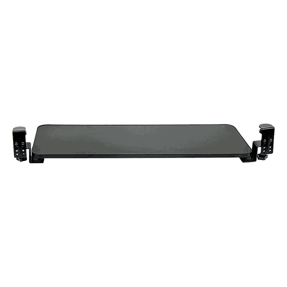 Clamp-On Sliding Keyboard Tray with extra-large black rectangular surface, padded steel clamps, and ball-bearing extension sliders for smooth movement.