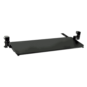 Clamp-On Sliding Keyboard Tray with extra-large black surface, padded C-clamps, sliding extension, and bevelled wrist rest edge.