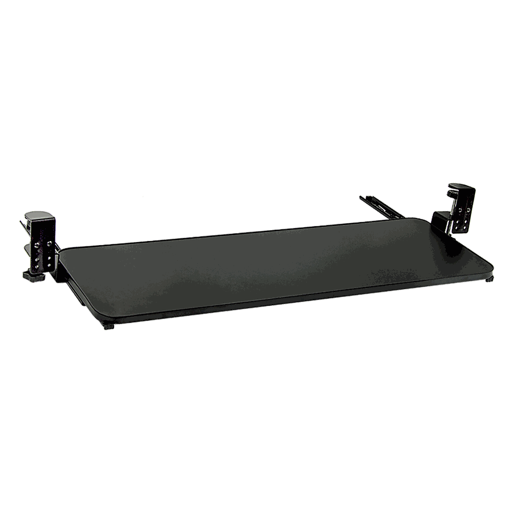 Clamp-On Sliding Keyboard Tray with extra-large black surface, padded C-clamps, sliding extension, and bevelled wrist rest edge.