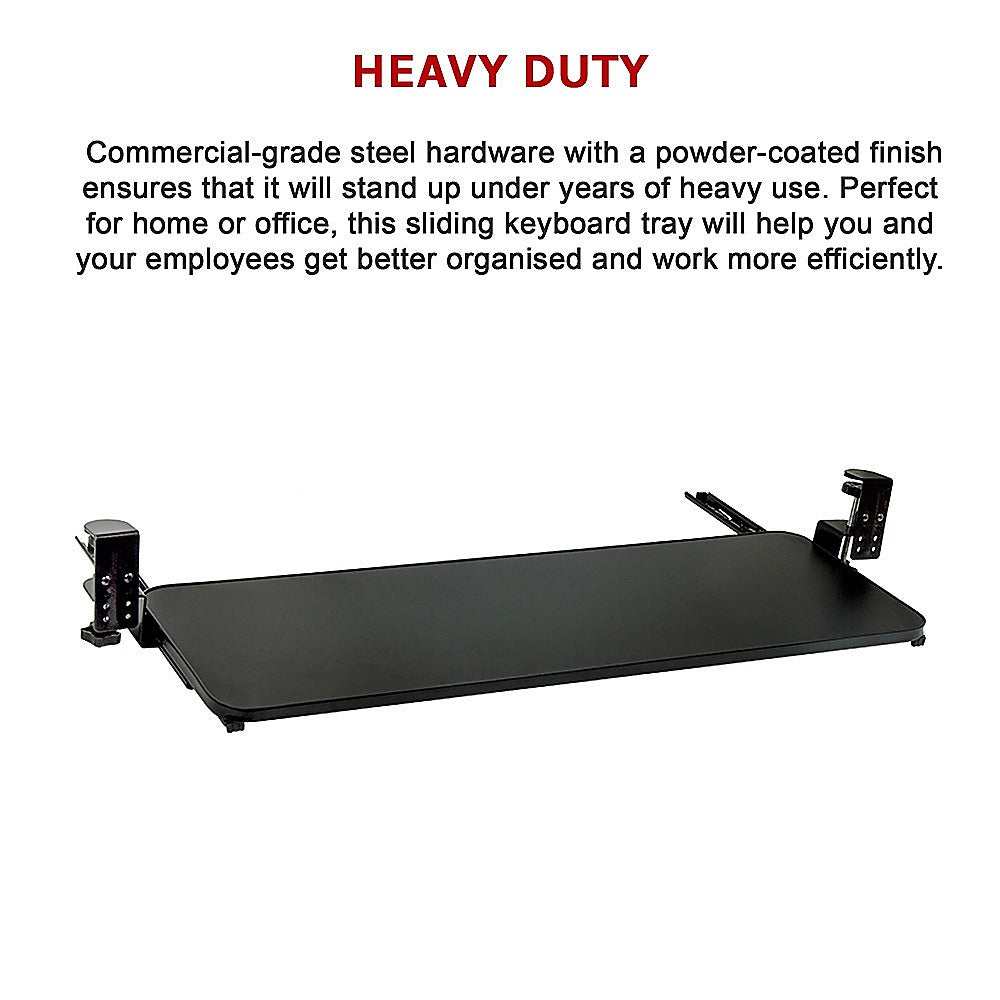 Clamp-On Sliding Keyboard Tray with extra-large black surface, commercial-grade powder-coated steel clamps, and smooth ball-bearing sliders