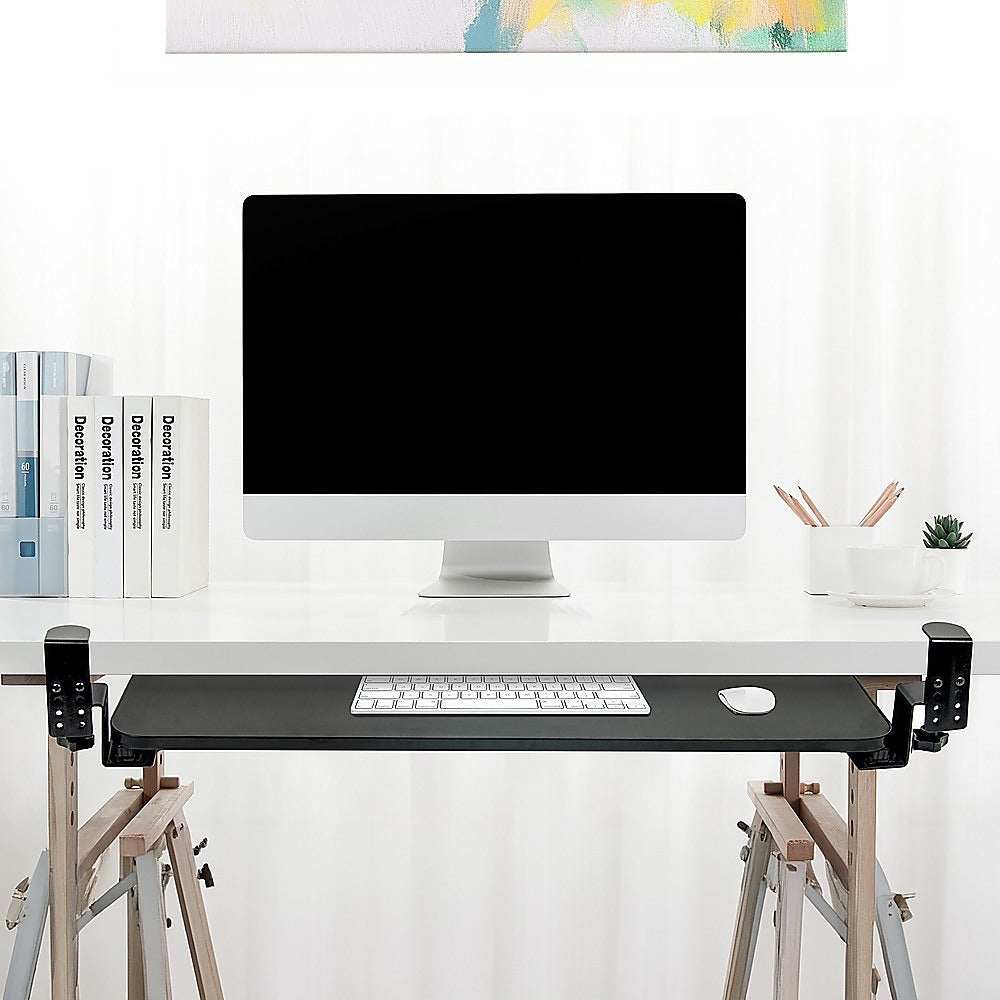 Clamp-On Sliding Keyboard Tray in black with extra-large smooth sliding surface and padded clamps for secure desk attachment