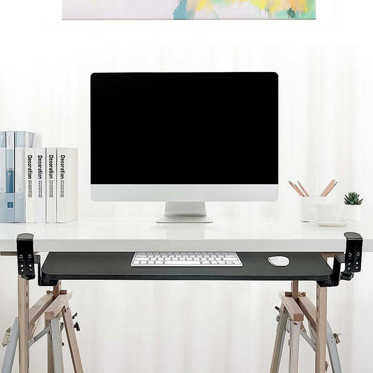 Clamp-On Sliding Keyboard Tray in black with extra-large smooth sliding surface and padded clamps for secure desk attachment