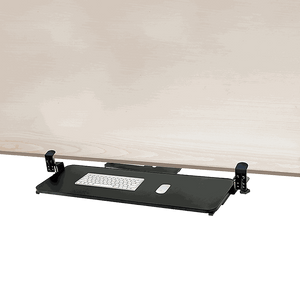 Clamp-On Sliding Keyboard Tray in black with extra-large flat surface, padded clamps, smooth sliding extension, and cable management system.