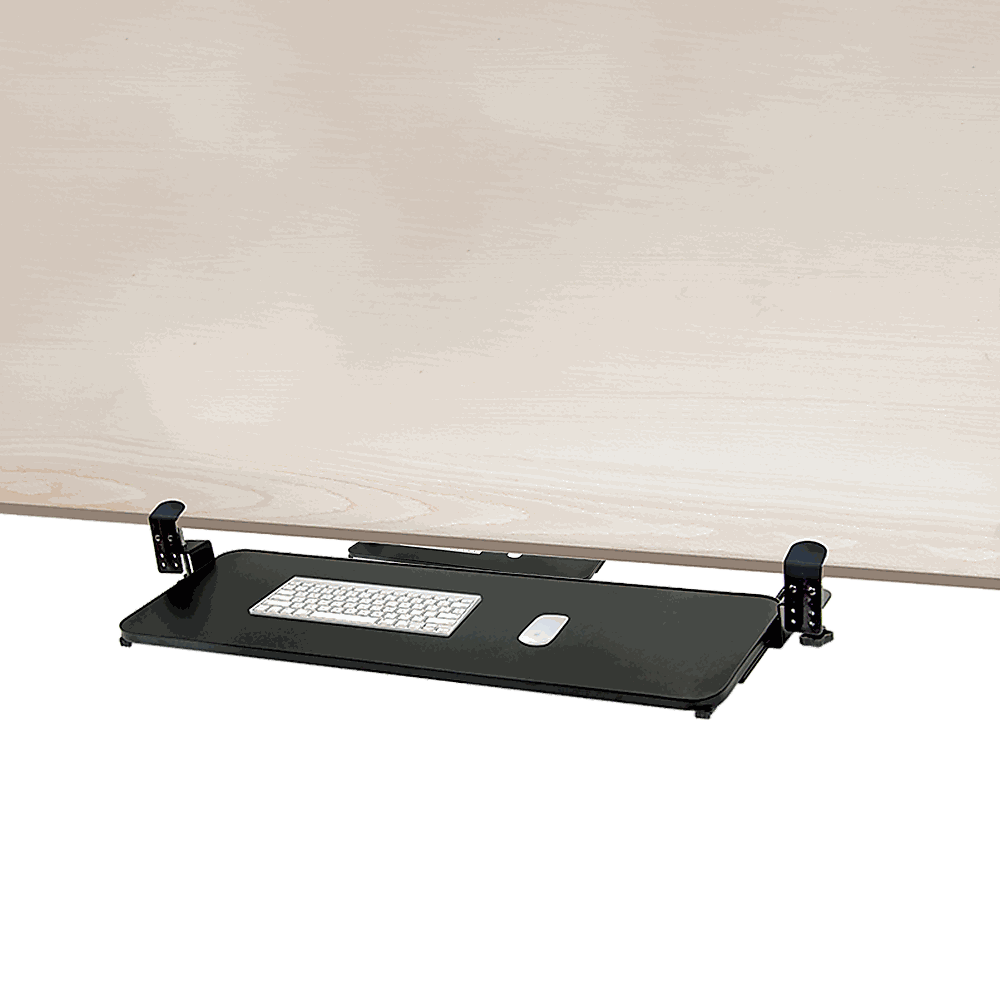 Clamp-On Sliding Keyboard Tray in black with extra-large flat surface, padded clamps, smooth sliding extension, and cable management system.