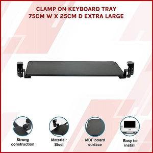 Clamp-On Sliding Keyboard Tray with extra-large black MDF surface, powder-coated steel clamps, and smooth sliding mechanism
