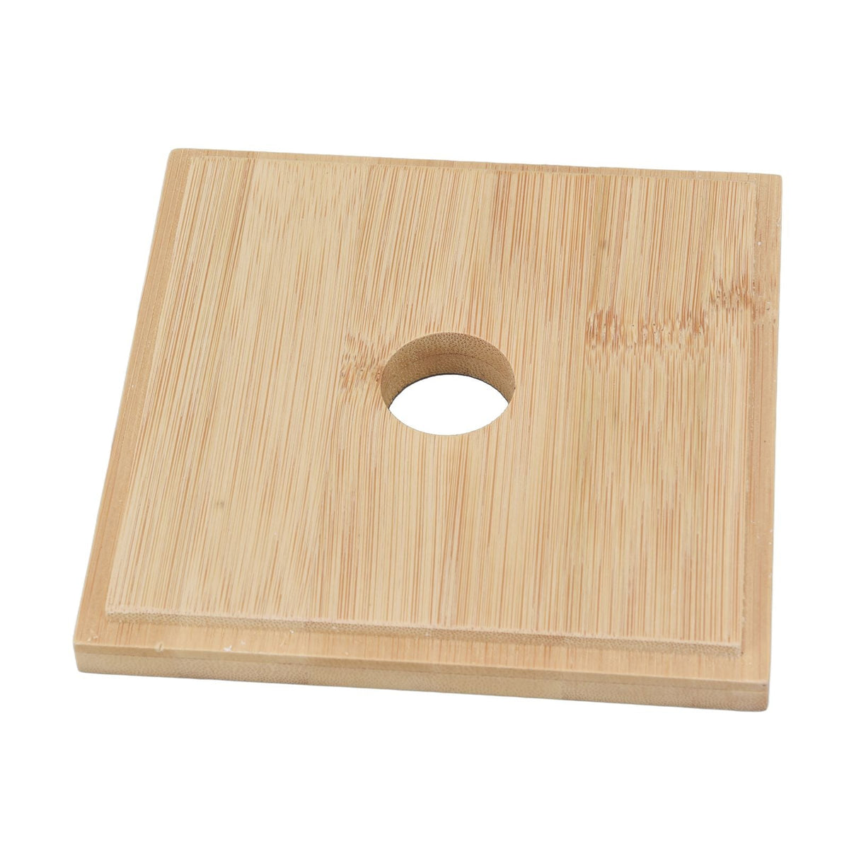 Clear Acrylic Coffee Capsule holder base, rectangular light bamboo wood panel with a single circular opening