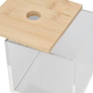 Clear Acrylic Coffee Capsule holder with a transparent rectangular body and flat bamboo lid featuring a round opening