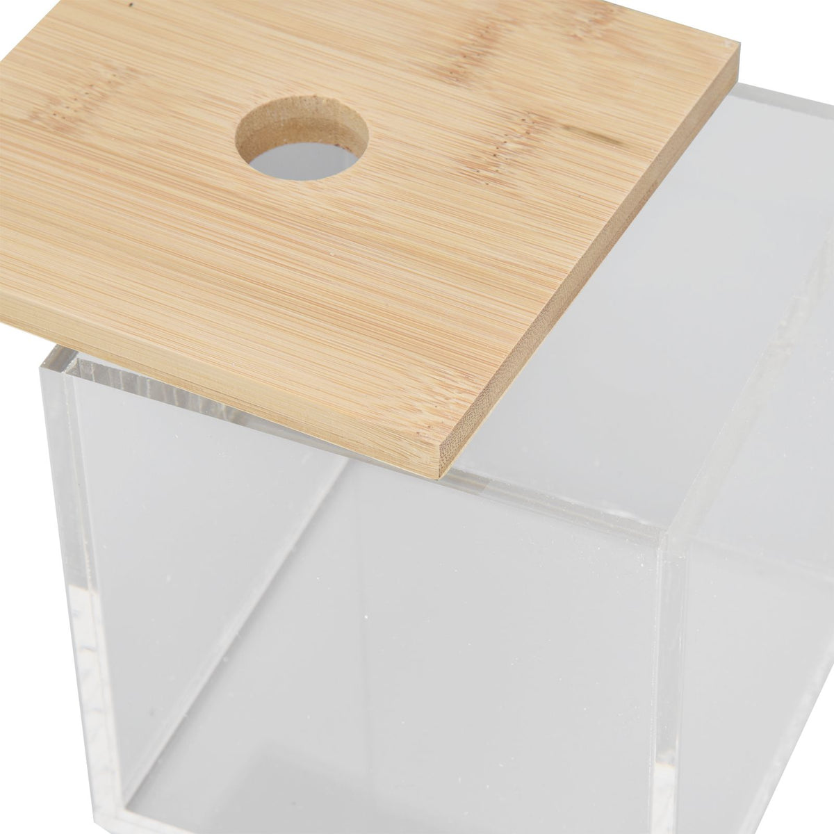 Clear Acrylic Coffee Capsule holder with a transparent rectangular body and flat bamboo lid featuring a round opening