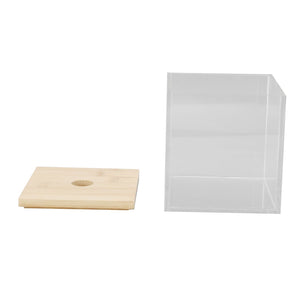 Clear Acrylic Coffee Capsule holder with a transparent rectangular container and separate light bamboo base, shown disassembled