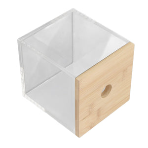 Clear Acrylic Coffee Capsule holder with transparent box and light bamboo front panel featuring a round finger pull