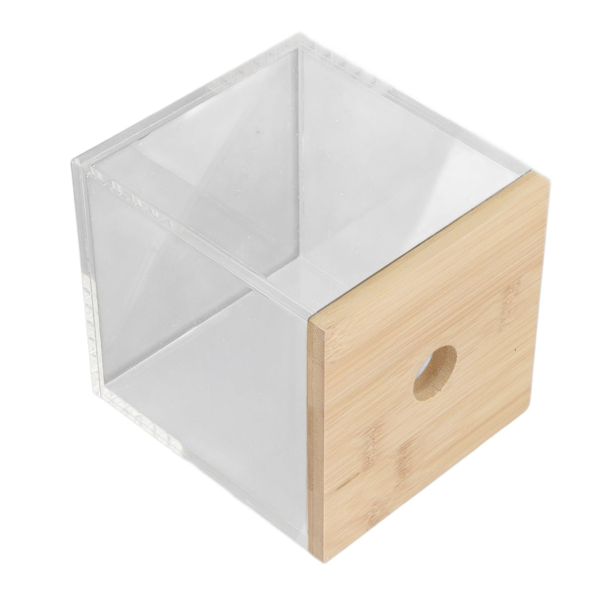 Clear Acrylic Coffee Capsule holder with transparent box and light bamboo front panel featuring a round finger pull