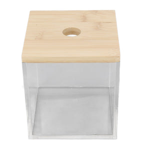 Clear Acrylic Coffee Capsule holder with transparent sides and a natural bamboo lid, featuring a round opening on top.