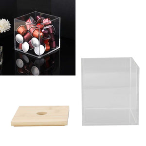 Clear Acrylic Coffee Capsule holder with a transparent square box and separate pale bamboo lid with a finger hole
