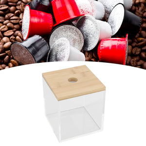 Clear Acrylic Coffee Capsule holder with a transparent box and light bamboo lid, shown empty without a visible flip hinge