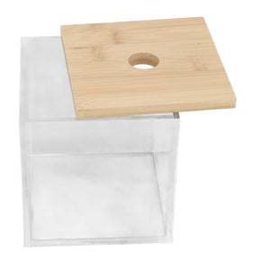 Clear Acrylic Coffee Capsule holder with a transparent box and natural bamboo lid featuring a round finger hole