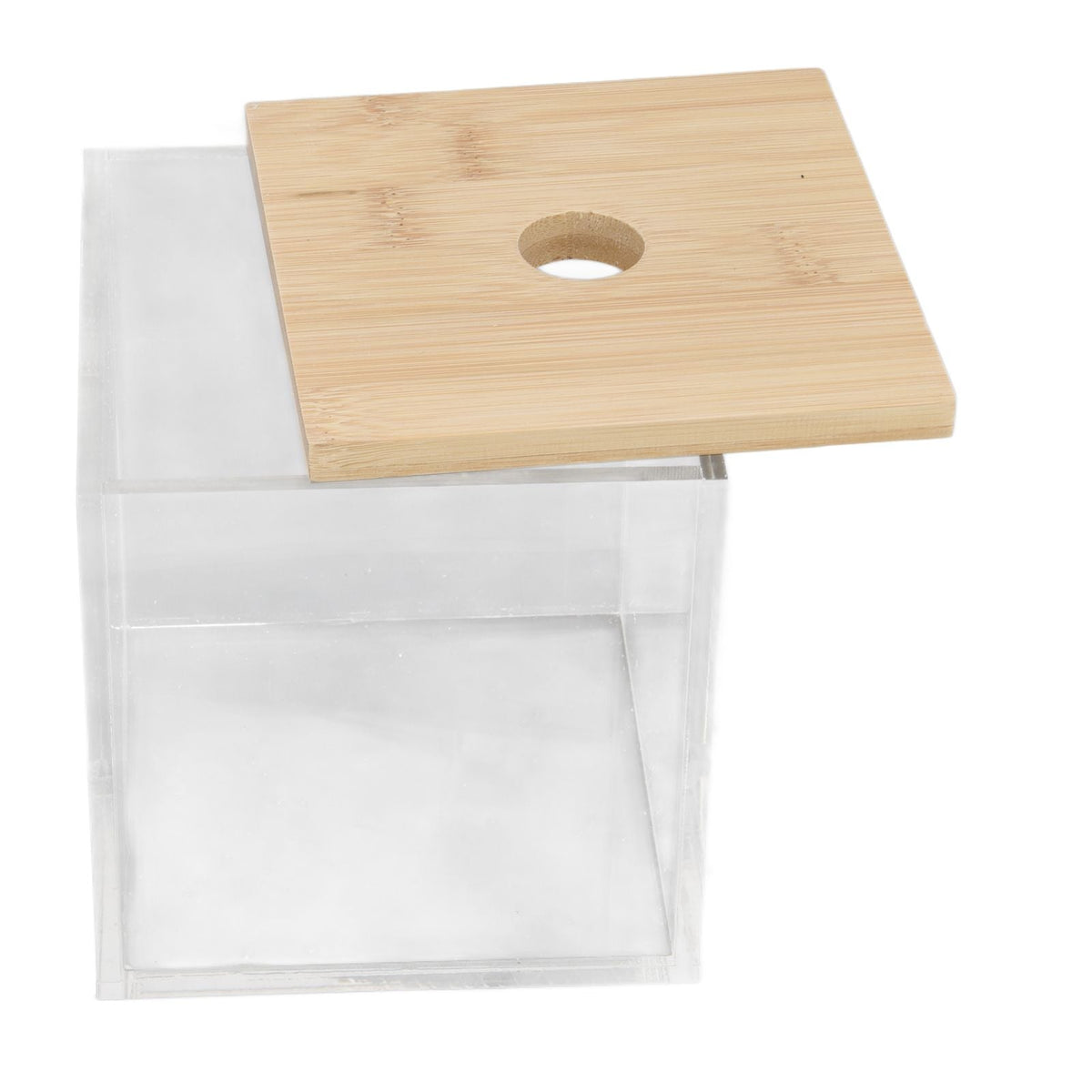 Clear Acrylic Coffee Capsule holder with a transparent box and natural bamboo lid featuring a round finger hole