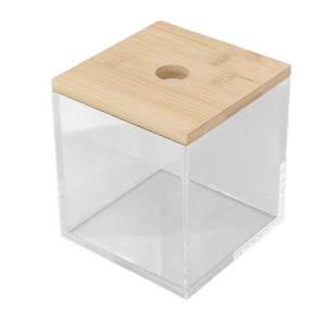 Clear Acrylic Coffee Capsule holder with transparent square body and pale bamboo lid featuring a circular opening