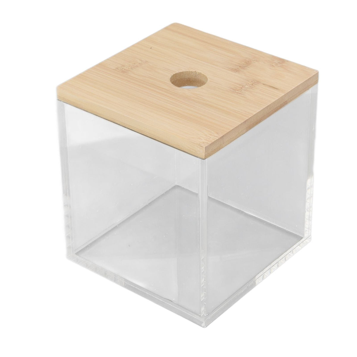 Clear Acrylic Coffee Capsule holder with transparent square body and pale bamboo lid featuring a circular opening