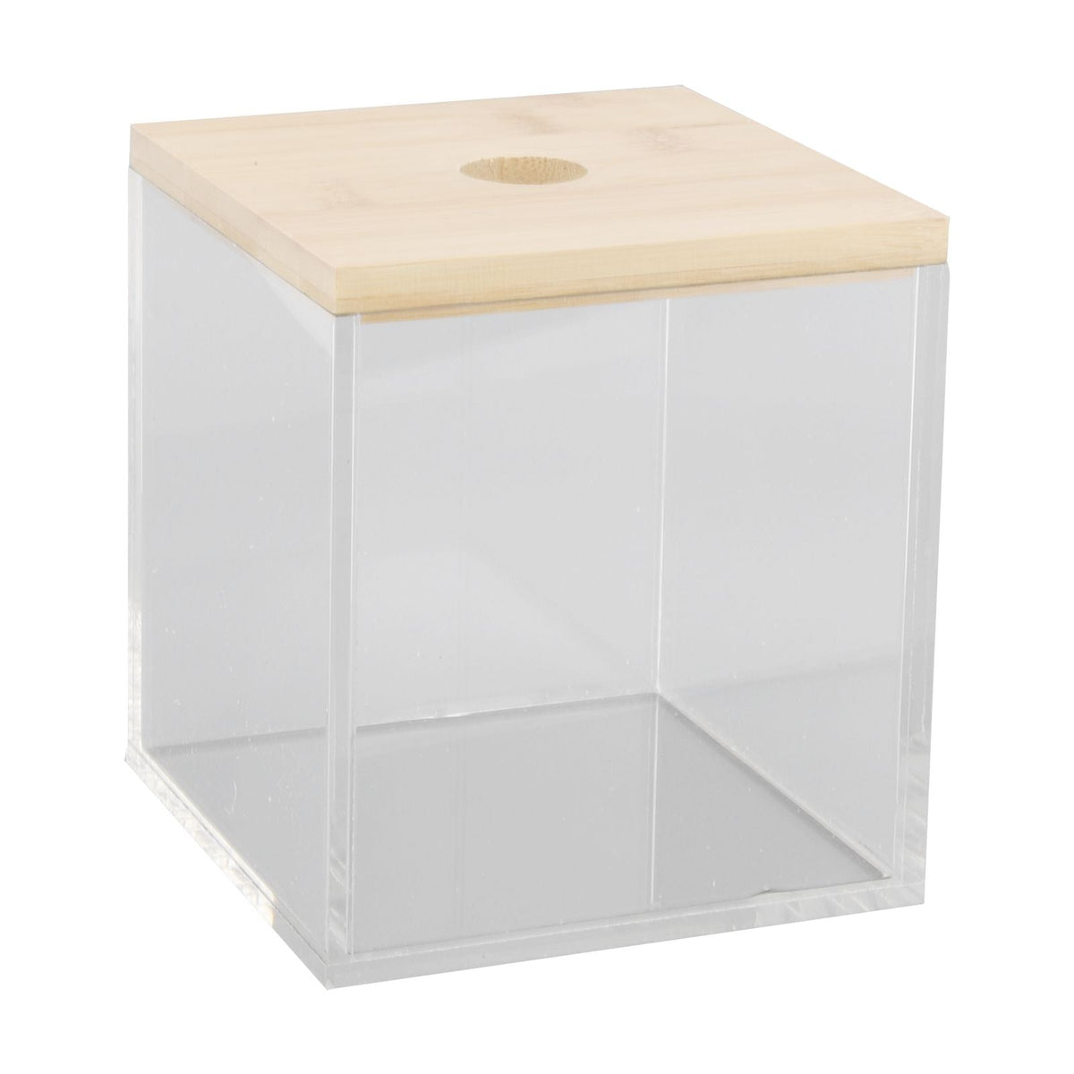 Clear Acrylic Coffee Capsule holder with transparent box body and pale bamboo lid, featuring a small circular opening