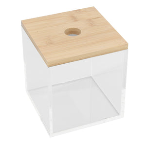 Clear Acrylic Coffee Capsule holder with transparent box and light bamboo lid featuring a round finger hole