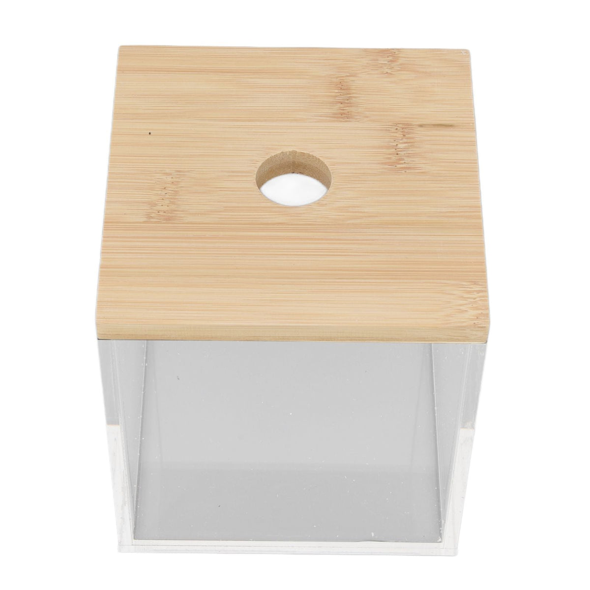 Clear Acrylic Coffee Capsule holder with clear box and natural bamboo lid, featuring a round opening for easy access