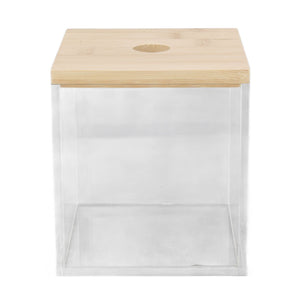 Clear Acrylic Coffee Capsule holder with transparent box and light bamboo lid, featuring a small round opening