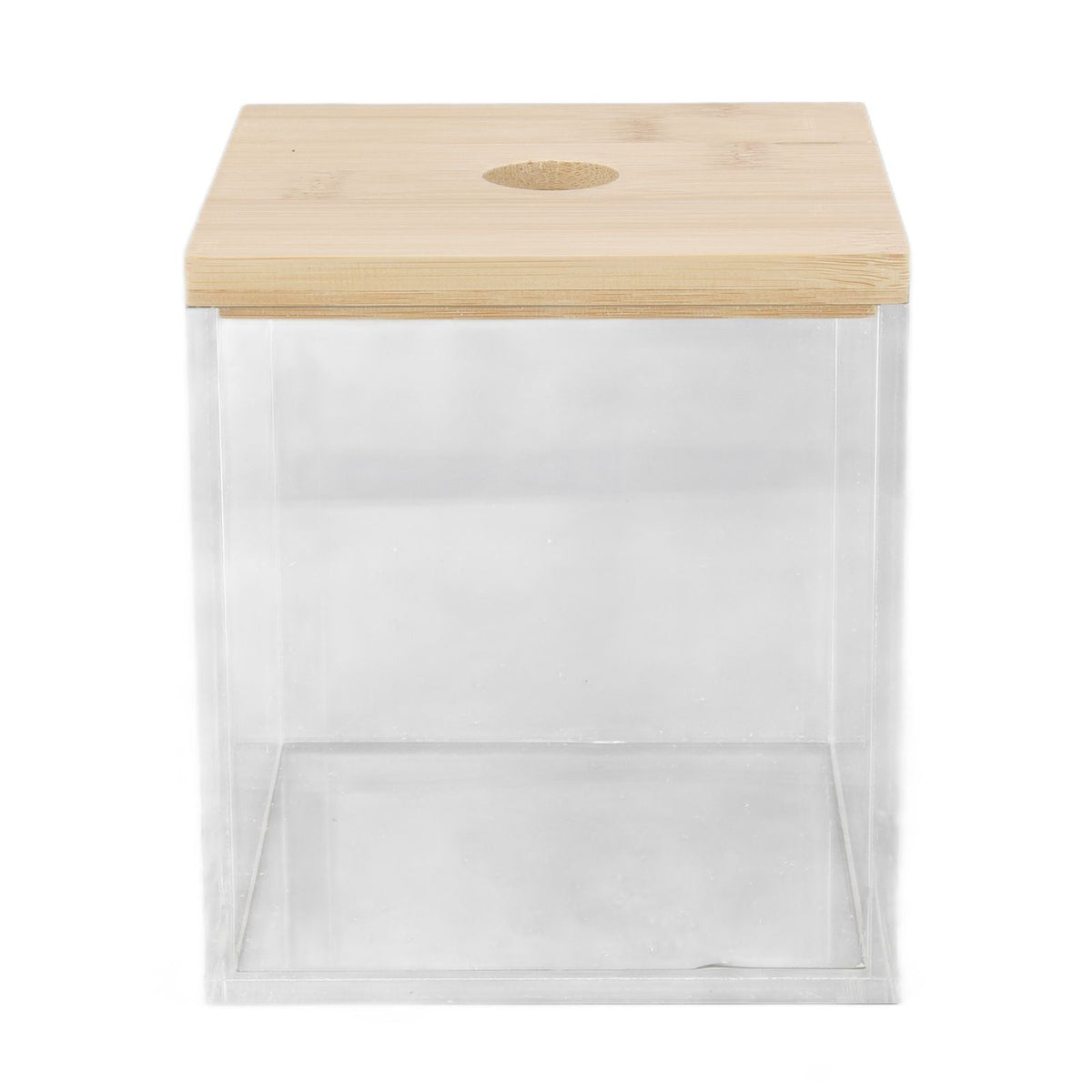 Clear Acrylic Coffee Capsule holder with transparent box and light bamboo lid, featuring a small round opening