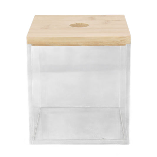 Clear Acrylic Coffee Capsule holder with transparent box and light bamboo lid, featuring a small round opening