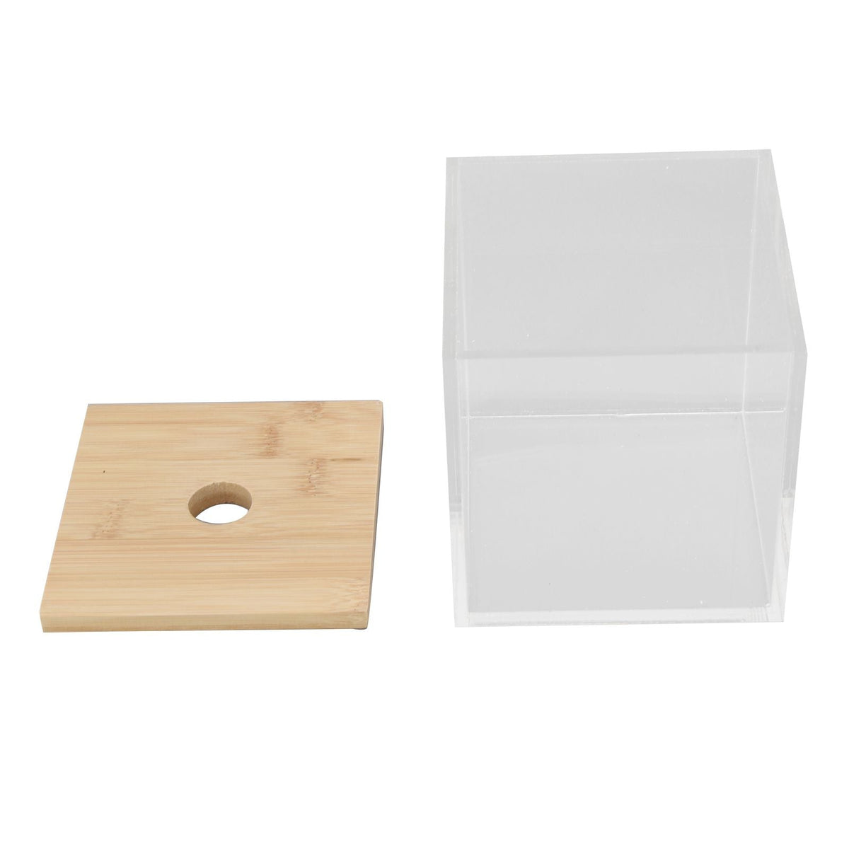 Clear Acrylic Coffee Capsule holder with transparent box and separate light bamboo lid, featuring a round finger hole