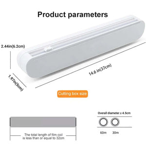 Cling Film Cutter Box in white ABS plastic with built-in sliding blade and compact rectangular design showing product dimensions