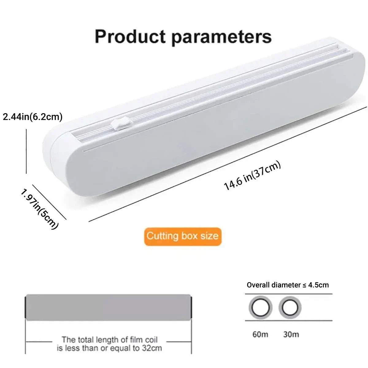 Cling Film Cutter Box in white ABS plastic with built-in sliding blade and compact rectangular design showing product dimensions