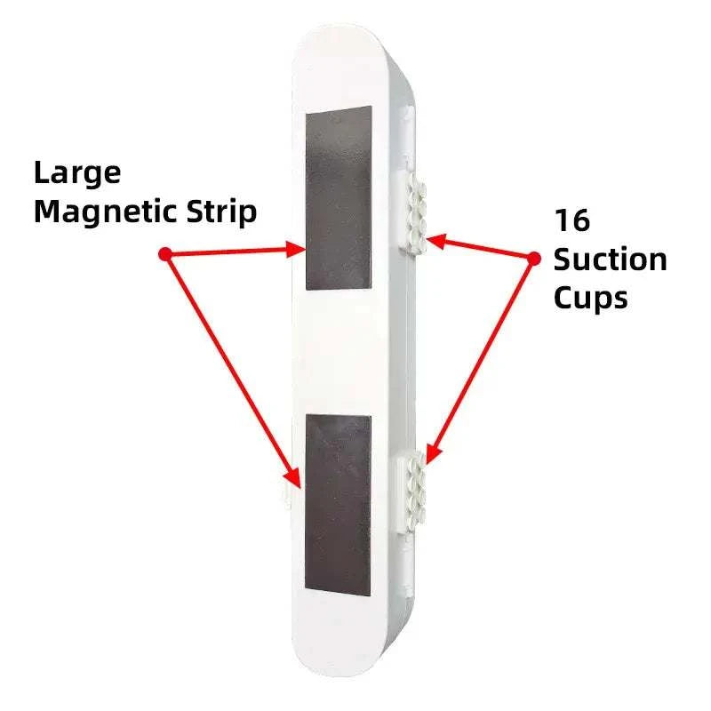 Cling Film Cutter Box in white ABS plastic with large magnetic strips and 16 suction cups for secure mounting