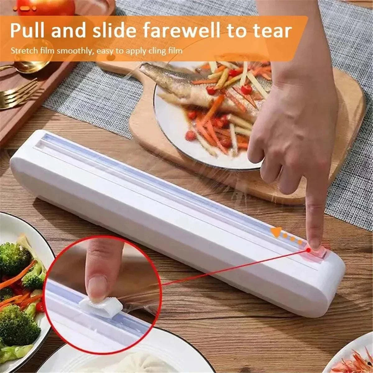 Cling Film Cutter Box in white ABS plastic featuring a sliding blade and suction cup base for secure countertop use