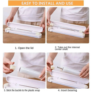 Cling Film Cutter Box in white ABS plastic with suction cup base, showing step-by-step opening, removing center shaft, attaching buckle to plastic wrap, and inserting bearing