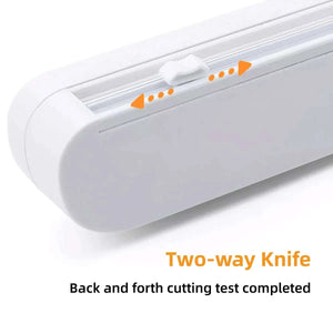 Cling Film Cutter Box in white ABS plastic with built-in sliding two-way blade and suction cup base for stable cutting
