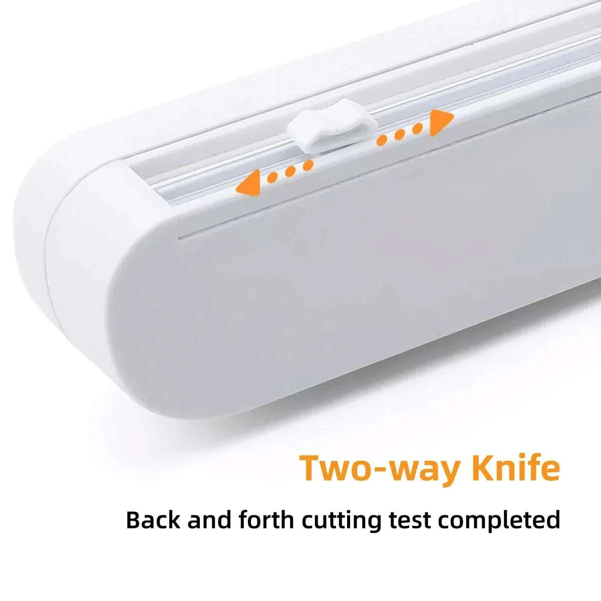 Cling Film Cutter Box in white ABS plastic with built-in sliding two-way blade and suction cup base for stable cutting