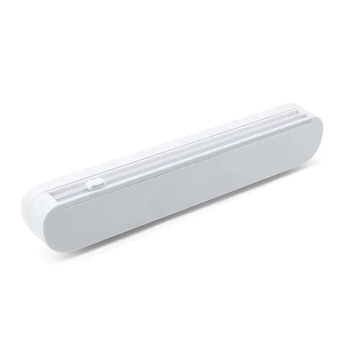 Cling Film Cutter Box in white ABS plastic with built-in sliding blade and suction cup base for countertop use