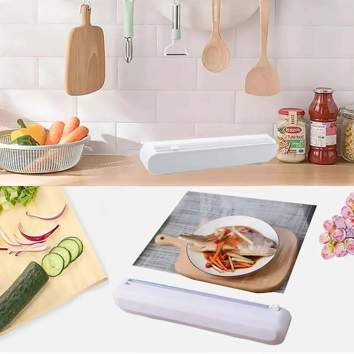 Cling Film Cutter Box in white durable plastic with built-in sliding blade and suction cup base for stable countertop use