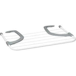 Clothes Dryer hanging airer with a white steel frame, grey plastic adjustable hooks and parallel drying bars