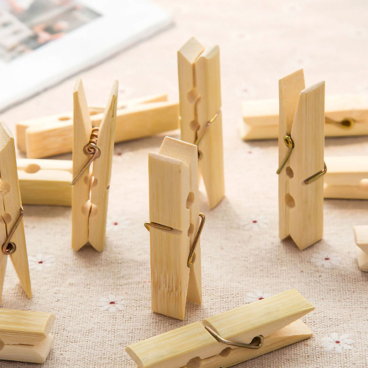 Clothes Peg in natural pale wood with visible metal spring mechanisms and a simple grooved design