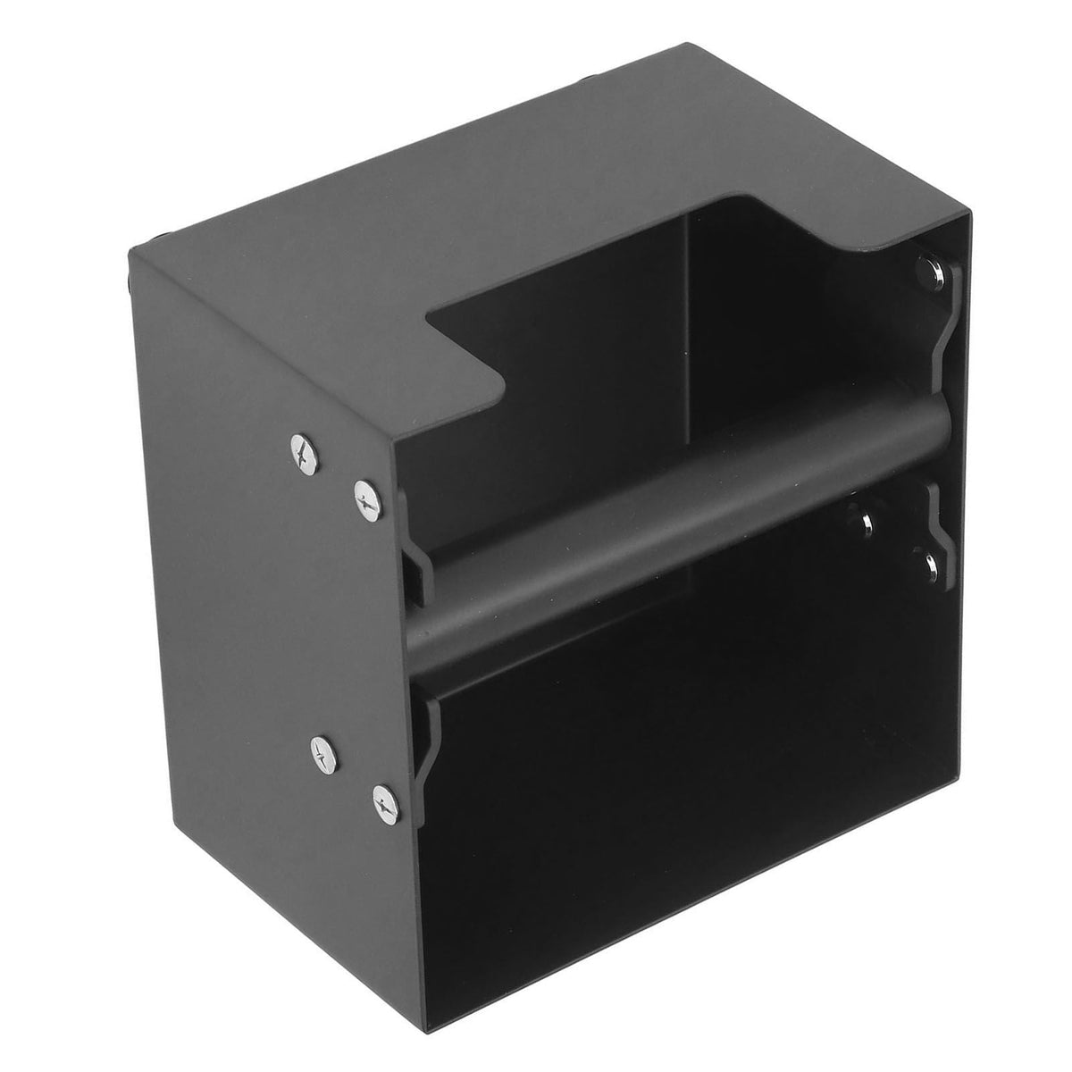 Coffee Knock Box in black with a boxy hard-sided body and thick horizontal rubber knock bar across the open front